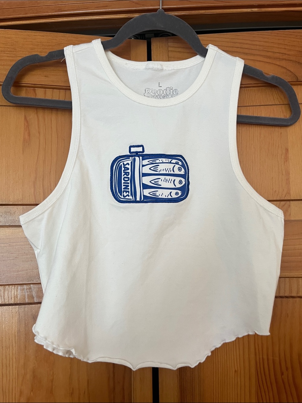 White Tank Top with Blue Sardines Graphic